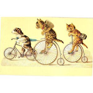 Vintage-Style Postcard With Cats & Dog On Bicycles